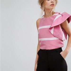 Mango One Shoulder Sleeveless Pink and White Striped Ruffle Blouse size 6